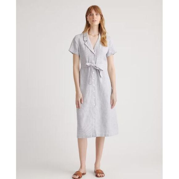 Quince Dresses & Skirts - Quince Light Blue and White Striped Button Midi Dress